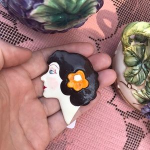 Vintage Ceramic 70’s Seventies Lady Profile Pin
